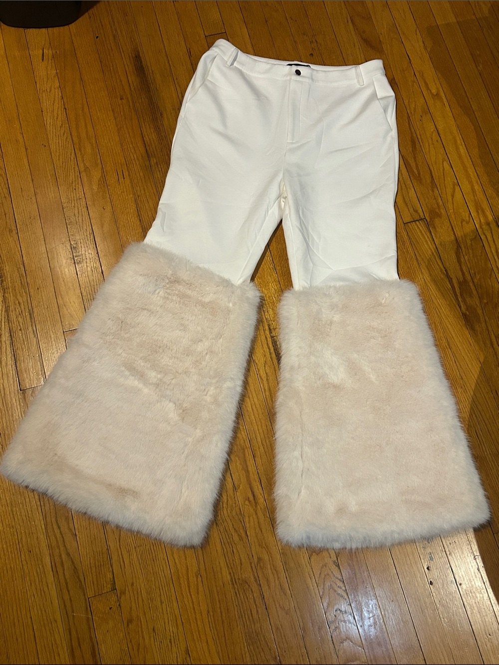 AKIRA WhiteFlare Pants with Cream Faux Fur Cuffs